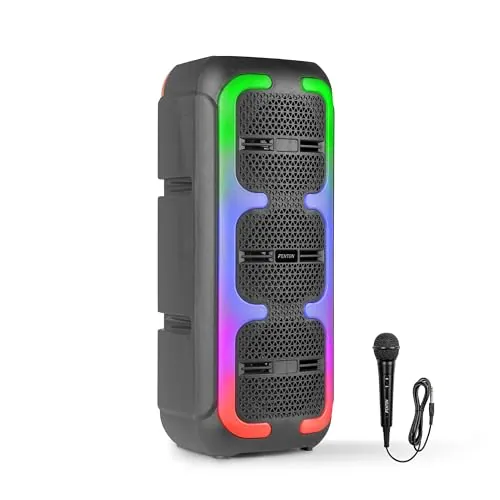 Fenton Track310 – Altavoz Bluetooth portátil 120W con micrófono con Cable, batería Recargable, Luces LED, USB, microSD, Altavoz portátil Potente, Karaoke Machine, Modo Stereo Pairing, Color Negro