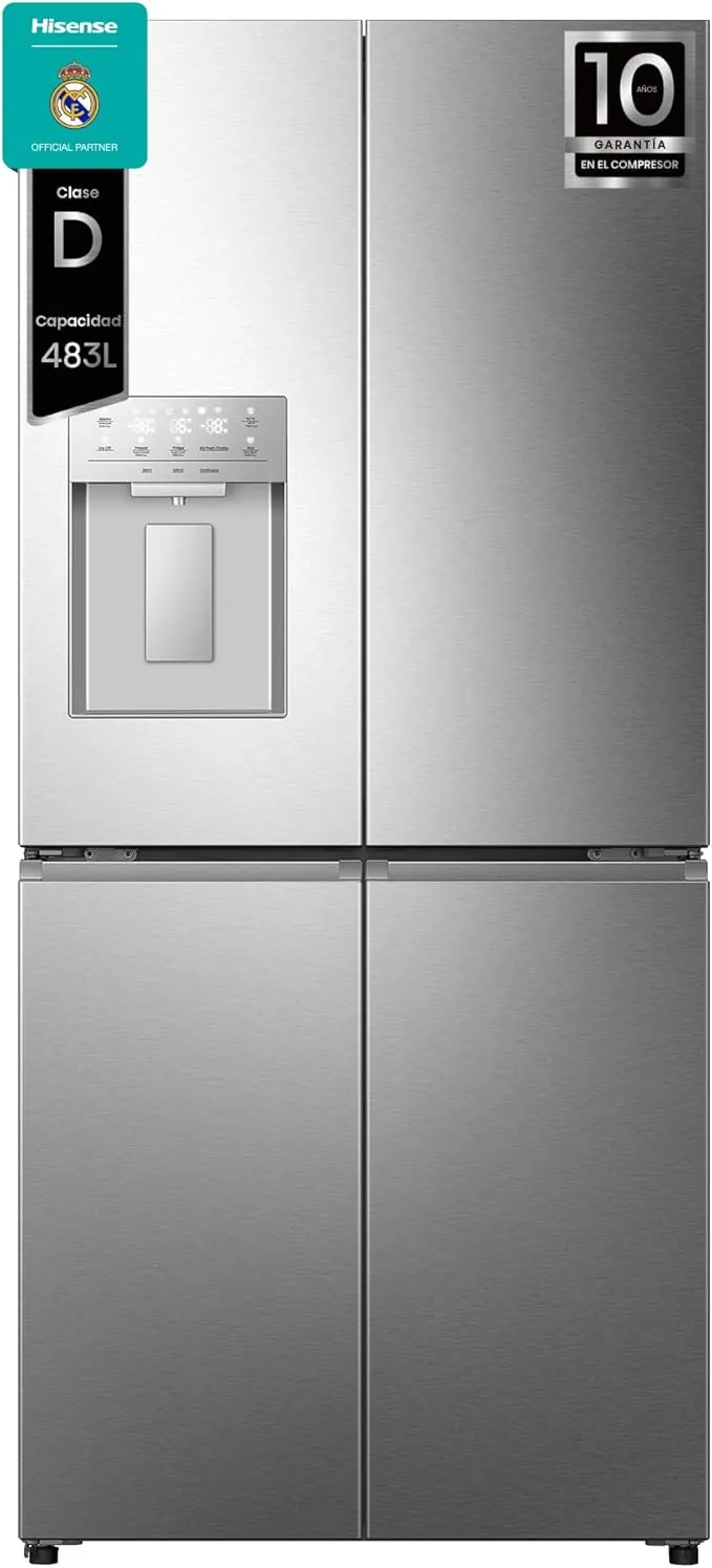 Hisense RQ5P470SYID - Frigorífico Americano 4 Puertas, Class D, 483 L, Alto 178.5 cm x Ancho 79.4 cm, Color Inox, Metal-Tech Cooling, My Fresh Choice, Dual-Tech Cooling, Dispensador de Agua