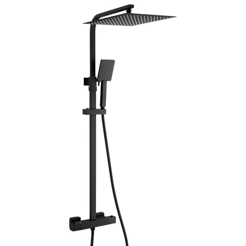 Auralum Columna Ducha Negra con Rociador Ducha 30x30cm Cuadrado Acero Inoxidable 304 y Grifo Ducha Termostatico de Latón, Columna Altura Adjustable entre 80-124cm, Compatible con Orificios Existentes