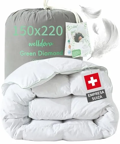 Welldora Edredón Invierno Verano de Plumas para Cama de 90 x 200 | 100% Edredón Nórdico de Plumas y Plumón Extrasuave | Médicamente Probado, Oeko-Tex, Hipoalergénico | Certificado RDS | 150 x 220 cm