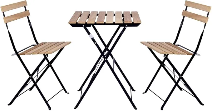 Set de 3 Muebles de Mesa y 2 Sillas, Jardín, Exterior, Plegables, Metal y Madera, para Terraza Estilo Retro, Estructura de Acero, tipo Bistró, Patas Antideslizantes, Balcones Pequeños, Terrazas