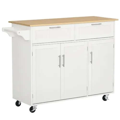 HOMCOM Isla de Cocina con Ruedas 2 Cajones 121x46x91 cm Roble y Blanco
