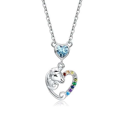Qings Collar Plata de Corazón Unicornio para Niños Chicas, Collares Piedras Nacimiento para Marzo Cumpleaños Colgante Azul Aguamarina Joyería Regalo para Mujer Niñas con Caja de Regalo