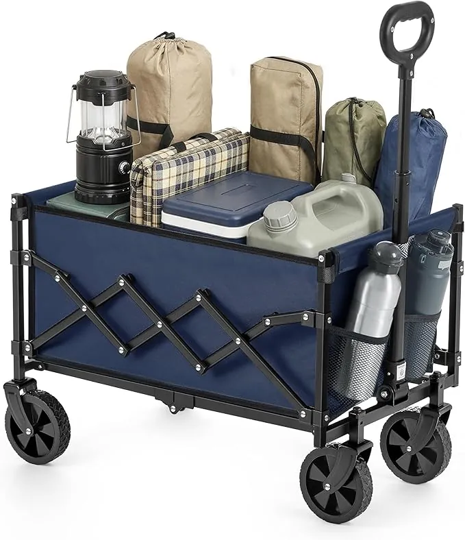SONGMICS Carro de Mano Plegable, Carreta, Carrito de Jardín, Compacto y Pequeño, con Asa, con 4 Ruedas Reforzadas, 2 Universales, Carga hasta 180 kg, 90 L, Exterior, Azul Noche GFW909QE01
