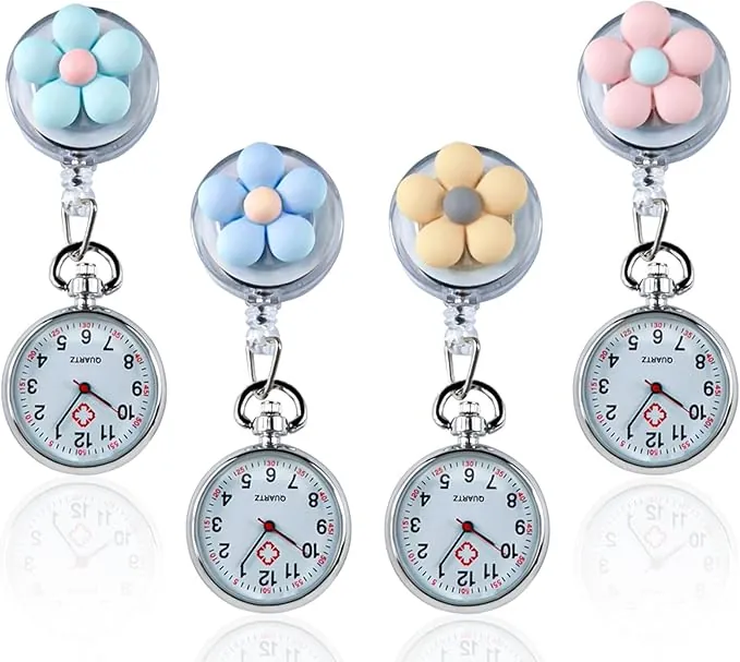 Nizirioo Reloj de enfermera de 4 piezas: reloj de enfermera con clip, reloj de bolsillo retráctil, reloj de bolsillo portátil, reloj de cuarzo para médico, cuidador, estudiante, mujer, hombre, regalos