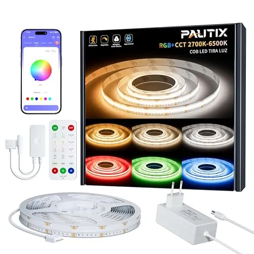PAUTIX RGBCCT LED Tira COB 5M,RGB+WW/CW 2700K-6500K Regulable Color Cambio 24V LED Strip Kit con RF Remoto y Alimentación,Incluyendo Grupo Control,Música Modo para DIY Decoración Interior del Hogar