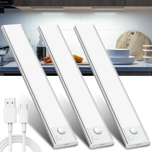 JEKEMORYE Iluminación para armario de cocina, LED, detector de movimiento, 20 cm, color blanco, 3 unidades, con USB, recargable, batería, iluminación para armario