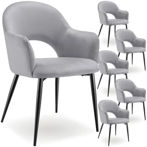 tectake® sillas de Comedor Elegantes, Terciopelo, Silla Comedor nordica, Silla de Cocina Acolchada con reposabrazos, sillas Comedor Modernas con Patas de Acero Antideslizantes - 6 Sillas Gris Claro
