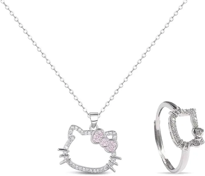 2 Piezas Conjunto de Joyas, Anillo y Collar, Collar de Gato con Diamante, Colgante de Gatito Kawaii con Lazo, Joyería, Regalos para Niñas