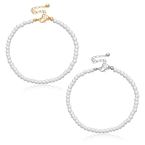 Liitata Tobillera de 2 piezas de perlas de imitación Tobillera de perlas redondas Tobillera Boho Ajustable Verano Hawaii Playa Pie Joyas para Mujeres Niñas Oro Plata
