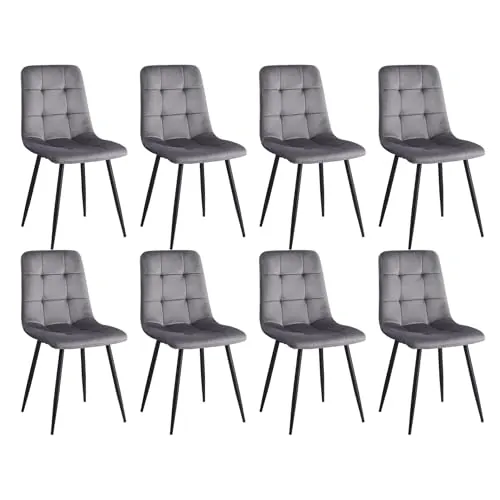 DEYARNA HOME Pack de 8 Sillas de Comedor, Sillas Cocina Nordica, Silla de Salón con Asiento Tapizado de Terciopelo y Patas Metálicas Negros (Gris)