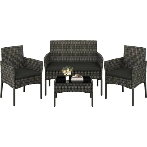 Yaheetech Conjunto Jardin Exterior Muebles Ratán de Jardín de 4 Piezas, 1 Sofá, 2 Sillas con Cojines y 1 Mesa con Vidrio para Patio/Terraza/Balcón (Gris)