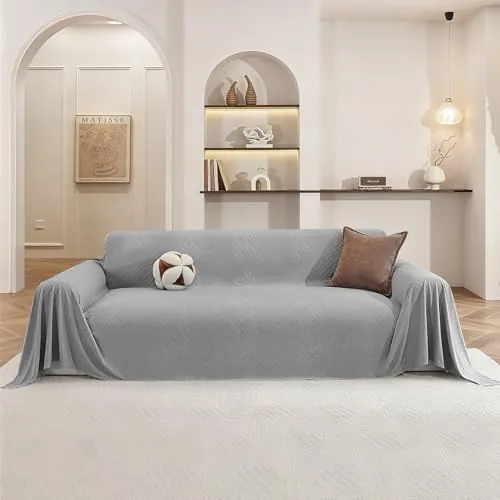 Ystyle Funda Sofa 4 Plazas, Manta Cubre Sofa, 200x380 CM, Gris Claro | Cubre Sofa Grande Antideslizante, Fundas Para Sofa Antimanchas, Protector De Sofa Suave y Cómoda, Sofa Cover Lavable