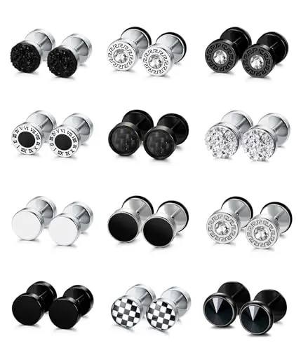 JeweBella 12 Pares Pendientes Hombre Acero Inoxidable Negro Plata Punk Clásico Redondo Fake Plug Orejas Tornillo Barbell Ear Plugs Faux Gauges Ear Tornillo Piercing Oreja 8MM