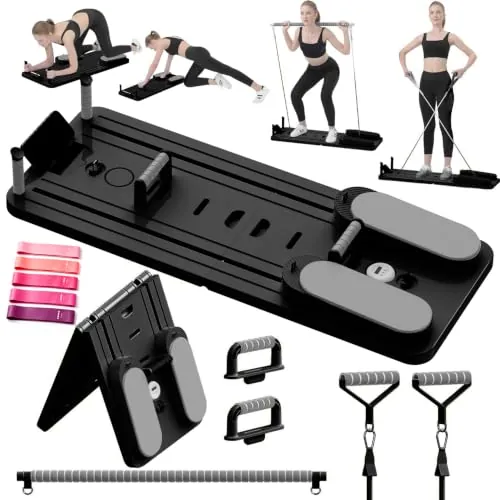SOFTHOM Pilates Reformer para Casa, Tabla Pilates Plegable, Multifuncional 8 en 1 Pilates Kit, Rebote Automático/Barra de Pilates/Cuerda de Tensión/Temporizador, Entrenamiento Cuerpo Completo, Negro