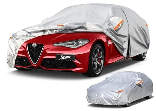 Kayme Funda Coche Exterior, Compatibles con Alfa Romeo Giulia (2016-2025), Cubierta para Coche Impermeable Transpirable Anti-UV Antipolvo de 6 Capas, Cubre Coche con Cremallera y Forro de Algodón.