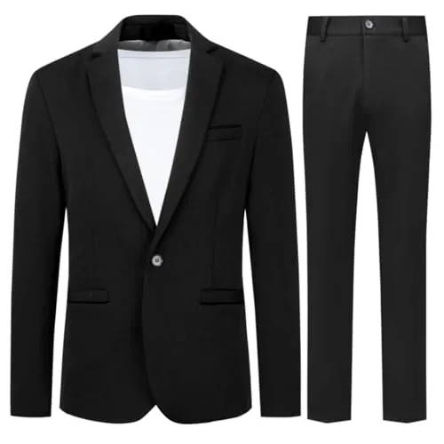 Allthemen Traje de Hombre de 2 Piezas Traje Ajustado Traje de Boda de Negocios con un botón Negro(Pantalones Negros) XS