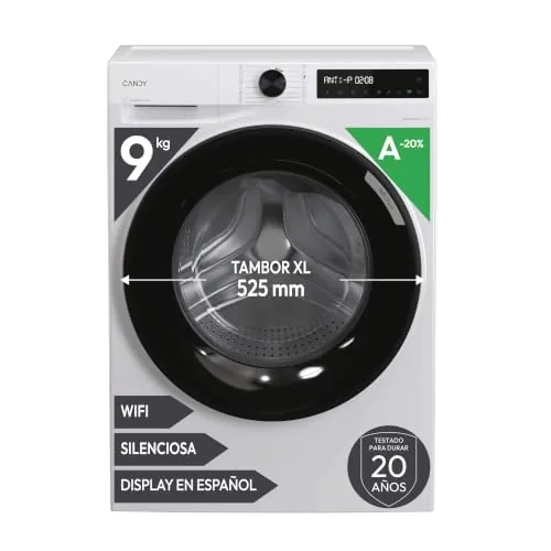 Candy ProWash 500 BR 49SBL8-S, Lavadora 9 KG, 1400 RPM, Display Digital, Conectividad WIFI, 16 Ciclos, Motor Inverter, Inicio Diferido 24H, Bloqueo Infantil, Tambor 52,5cm, 72 DB, Blanco