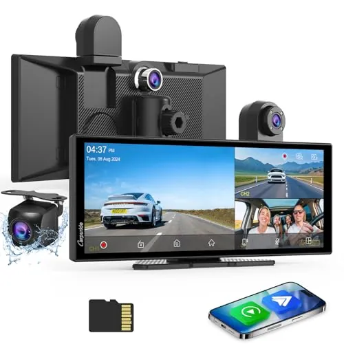 Carpuride W125S Carplay Pantalla con 3 Canales Tablero Cámara, 4K Frontal &1080P Trasera Cámara, Inalámbrico Carplay y Android Auto, 11,26" HD Táctil Pantalla, Grabación en Bucle, Bluetooth.
