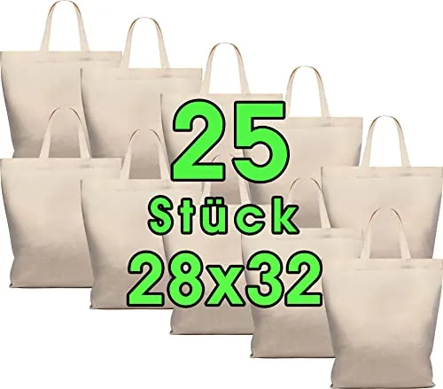 ELES VIDA Funda de algodón 28 x 32 cm 25 unidades - Yute bolsa Medio - Natural farmacia funda, hilo de regalo por Öko-Tex funda sin texto impreso, corto Asa para pintar y Imprimir