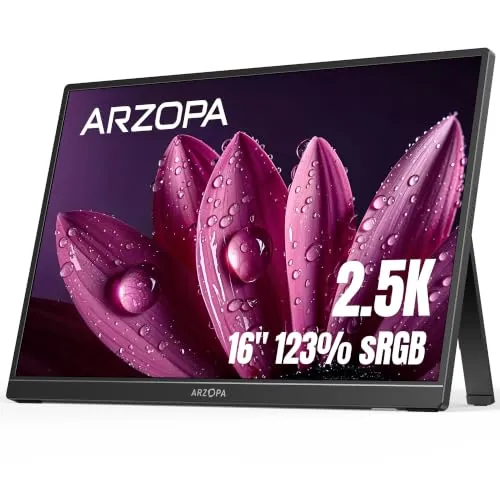 ARZOPA 16.0" 2.5k Monitor Portátil, Pantalla Portatil HDR 2560x1600, 8bit QHD, Monitor Portátil USB-C HDMI para Portátil, 16:10 IPS, Soporte Unipolar para Mac PC PS4/5 Xbox Switch Z1RC