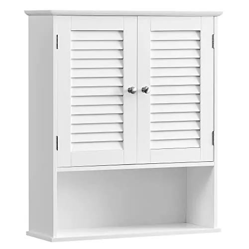 VASAGLE Armario de Pared para Baño, Armario Colgante, Armario de Almacenamiento con Estante Ajustable, Puertas de Doble Persiana y Estante Abierto, 20 x 60 x 70 cm, Blanco BBC27WT