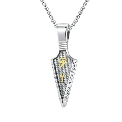 MERTTURM Collar Ankh para Hombre, Ojo de Horus, Cruz Egipcia, Símbolo de Protección, Cadena para Hombre, Acero Inoxidable + Colgante de Punta de Flecha de Fibra de Carbono con Caja de Regalo