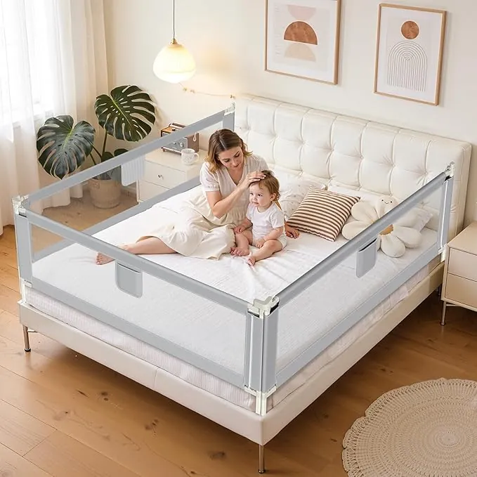 1x180CM+2x200CM Barrera Seguridad Niños Cama, Altura Regulable 64-96cm, Barrera Cama niños con protección contra caídas, Barandilla Cama niño Plegable, Fácil de Montar, Gris