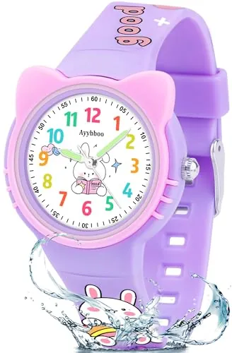 Ayybboo Reloj Niño,Analógico Educativo Infantil para Aprender la Hora,Resistente al Agua 3ATM,Correa de Silicona Suave,Fácil de Leer, Niños Niñas 4-12 Años (Morado Claro)