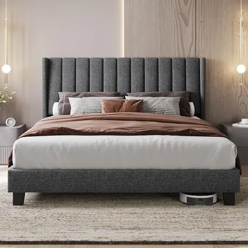 Yaheetech Cama Matrimonio Tapizada con Cabecero Alas 160x200cm Gris Oscuro
