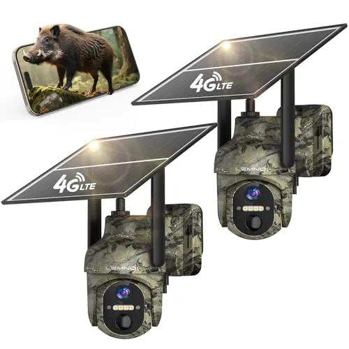 LEMNOI Camara Vigilancia 4G Exterior Solar con Tarjeta SIM Preinstalado sin WiFi, 4G Cámara con 2K Visión Nocturna, Detección de Movimiento, PTZ 360°, Audio Bidireccional, IP66 Impermeable (2 Piezas)