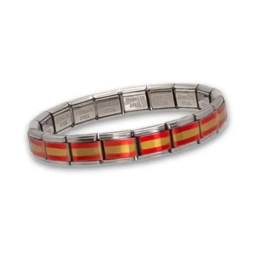 Feyma Pulsera con la Bandera de España, Rojigualda, Eslabones de Acero Inoxidable, Brazalete Ajustable para Hombre y Mujer, Regalo Identidad Nacional