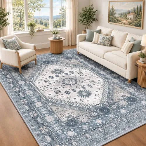 Capslpad Alfombra vintage para salón, 120 x 180 cm, lavable, color azul