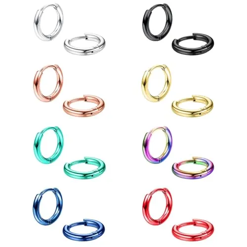 8 Pares de Pendientes de Aro de Acero Inoxidable Anillos de Labios Nariz Pendientes de Aro Pequeños de Cartílago Coloridos para Hombre y Mujer