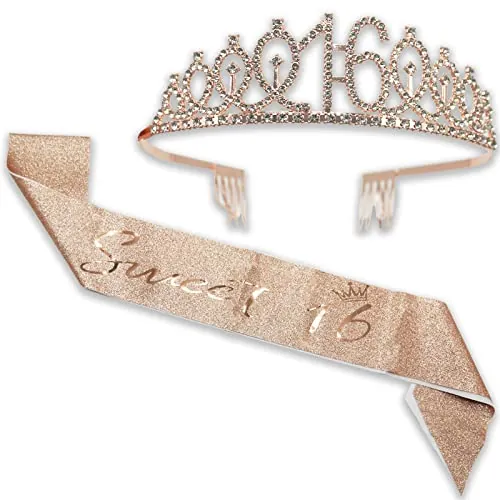 Tiara y banda para niñas, corona de diamantes de imitación de cumpleaños 16 y banda de satén decorativa, dulces regalos de cumpleaños de 16 años para niñas, suministros de recuerdo de fiesta de