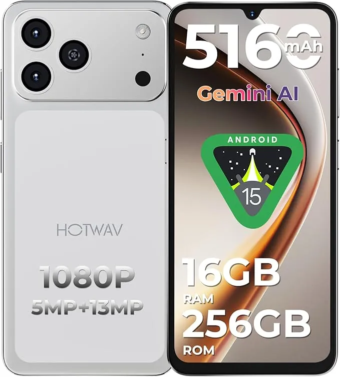 HOTWAV A17 Pro MAX Telefono Movil (2026) 16GB + 256GB 1TB Telefonos Moviles Libres, Batería 5160mAh, 6.75" HD+ Pantalla Android 15 Smartphone, Cámara 13MP+5MP, 4G Dual SIM/WiFi 6/Face ID/GPS