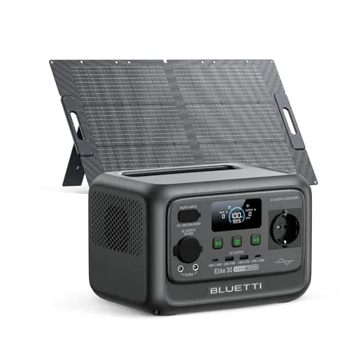 BLUETTI Elite 30 V2 Generador Solar con 100W Panel Solar (Se Envía por Separado), Estación de Energía Portátil LiFePO4 de 288Wh, 600W Toma de CA (1500W Pico), para Camping, Uso Doméstico y Emergencias