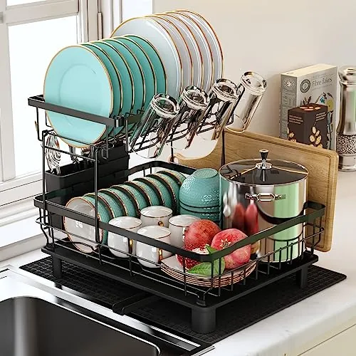 MAJALiS Escurreplatos Acero Inoxidable con Drenaje, Escurridor de Platos con desagüe Automático de Cocina, Escurridor Platos con Soporte para Utensilios, Tabla de Cortar, Portavasos, 2 Niveles, Negro