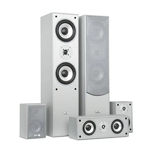 auna Juego de Altavoces de Sonido Envolvente - Cine en casa, Home Cinema, Caja reflectora de Bajos, 335 W RMS, Potencia máxima de 1150 W, Montaje en Pared, 5 Altavoces, Plata