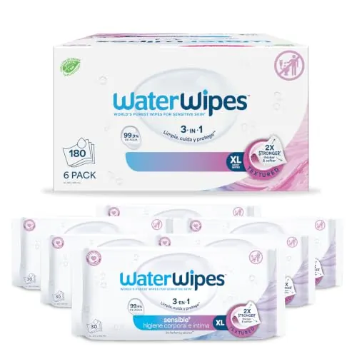 WaterWipes Sensitive+ Body & Intimate XL Wipes, 99,9% de agua, sin perfume