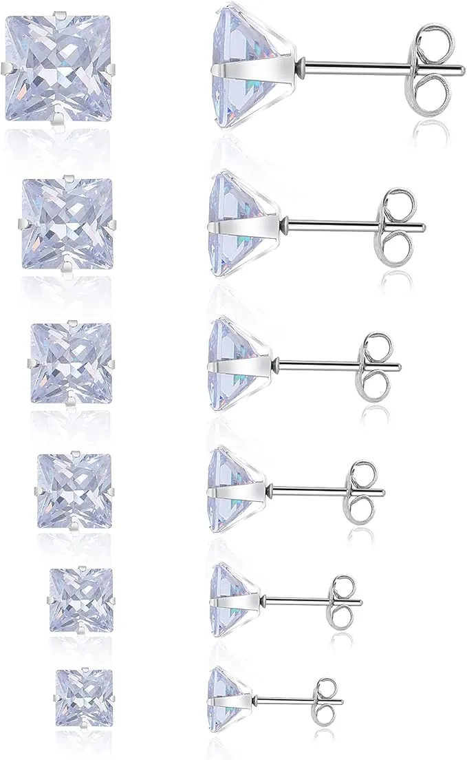 6 pares Pendientes de Tuerca de Circón Pendientes de Tuerca Hipoalergénicos Cuadrados de Acero Inoxidable de 3-8 mm Pendientes de Cartílago con Parte Posterior Plana para Hombres y Mujeres