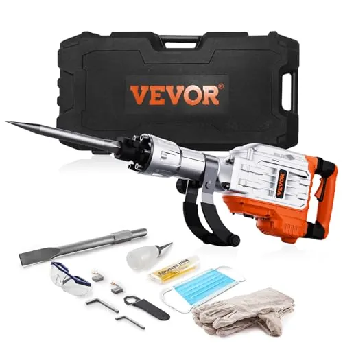 VEVOR Martillo de Demolición 3500W 60J 1900BPM Martillo Eléctrico con Cable 1-1/8" con 2 Cinceles Reemplazables Mango Giratorio 360° Rompe Hormigón Antivibración para Cincelar Construcción Fontanería