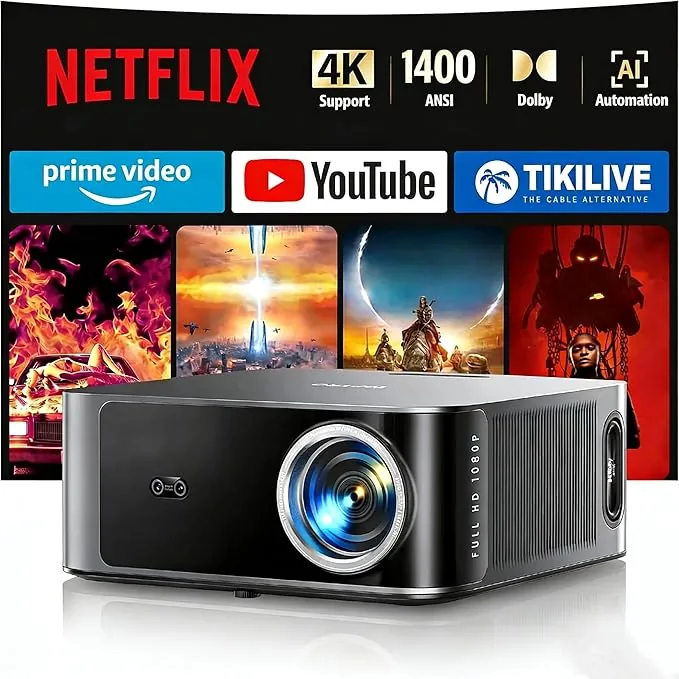 Proyector【1400 ANSI/App Oficial Integrada/36W Dolby】Smart Proyector 4K Compatible con Netflix AI Auto Focus/Keystone, Proyector1080P Nativo WiFi6 Bluetooth5.2 Zoom 50% Cine en Casa/Exterior para Movil