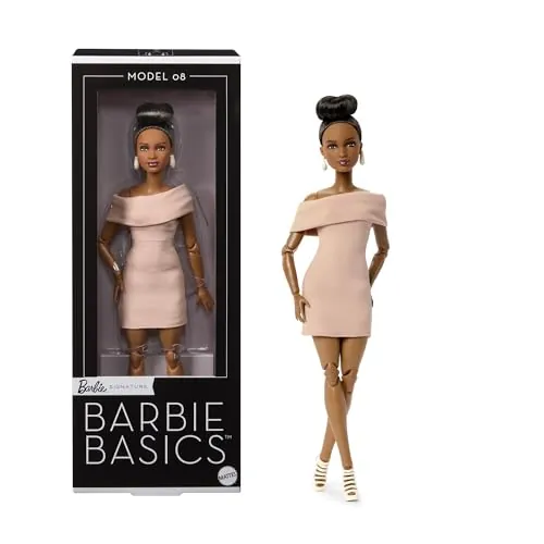 Barbie Basics Muñeca Modelo 08 de Moda para coleccionistas con Melena castaña y Vestido Color Canela con Sandalias de tacón, Ropa Intercambiable con Otras muñecas, Cuerpo articulado, JJX27