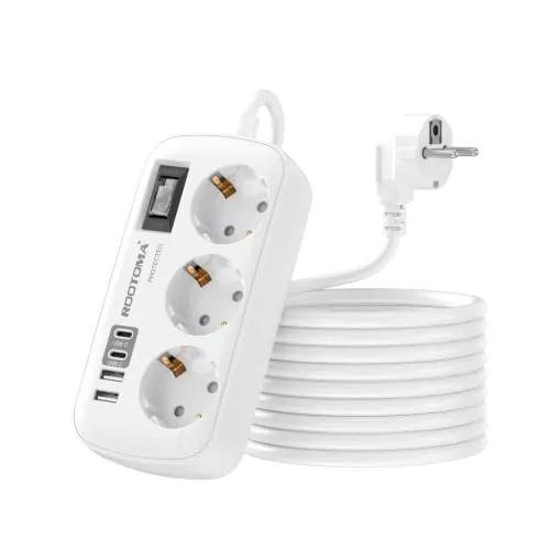 Regleta Alargador de 3 Metros con Interruptor, 3 Tomas 4 USB