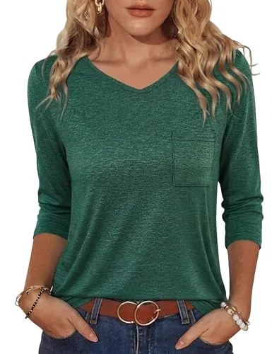 Crewhpo Camiseta Manga 3/4 Mujer Verano Cuello en V Top Básica con Bolsillo | Blusa de Corte Suelto, Tela Suave, Caída Fluida, Uso Individual, Capa Interior, Minifaldas, Pantalones Cortos, Vacaciones