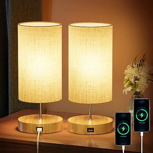 FANSANMY Lamparas de Mesita de Noche, Puerto USB (2 piezas) | Táctil Regulable con Función de Memoria, 3 Temperaturas de Color y Brillo Infinito para Dormitorio, Salón, Oficina