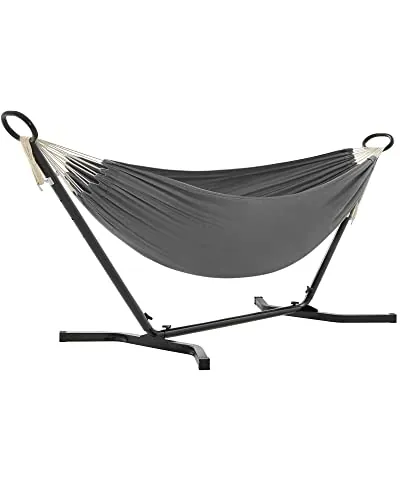 SONGMICS Hamaca con Soporte, Hamaca de 210 x 150 cm, 5 Alturas Ajustables, Portátil, Marco de Metal, Carga de 240 kg, para Patio, Jardín, Negro y Gris GHS001G01