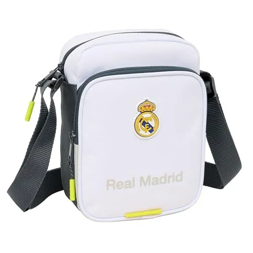Bandolera pequeña Real Madrid 25/26 con Correa Ajustable y múltiples Bolsillos para Colegio y Ocio