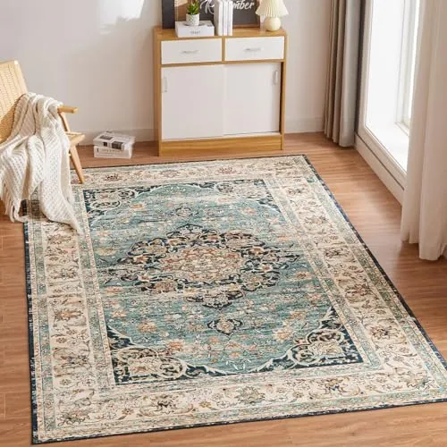 CHOSHOME Alfombra Salon de Pelo Corto mullida Parte Inferior Antideslizante | 120X170CM Lavable Alfombras Tradicionales Vintage Rug Modern Dormitorio Habitación Infanti Azul Vintage